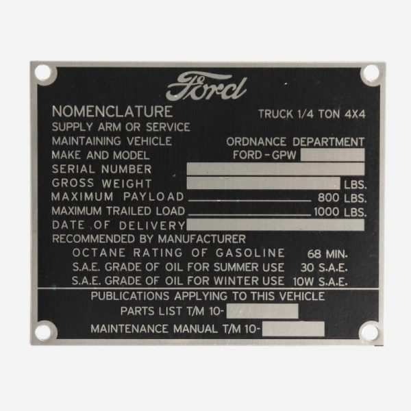 Mid Production Steel Data Plate Set for Ford GPW